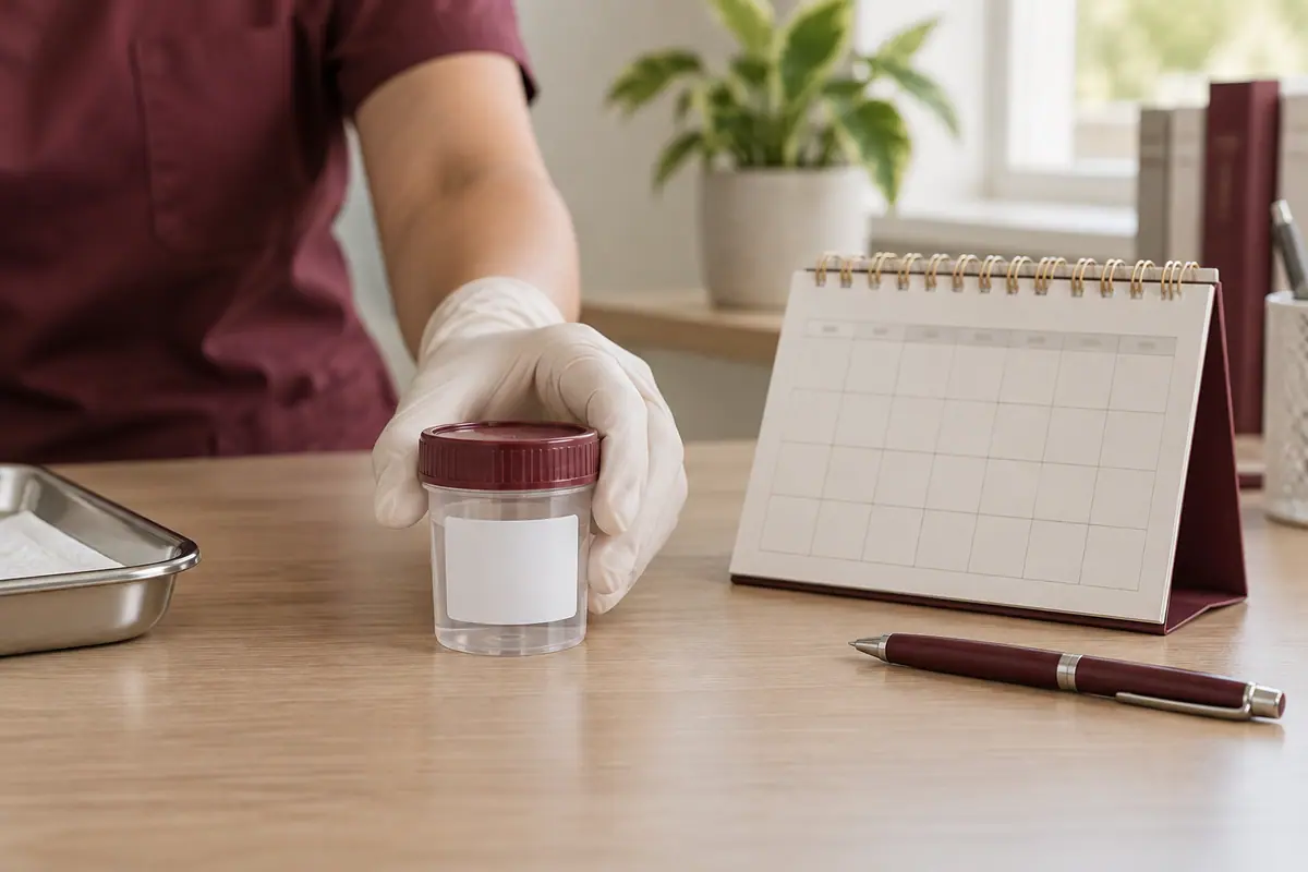 Sample container beside a blank calendar for follow-up planning