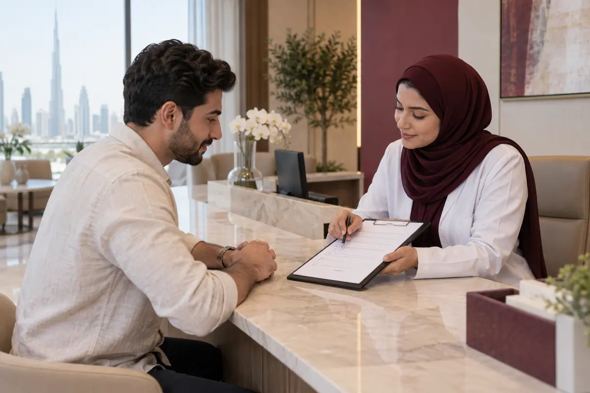 Adults discussing a healthcare checklist in private