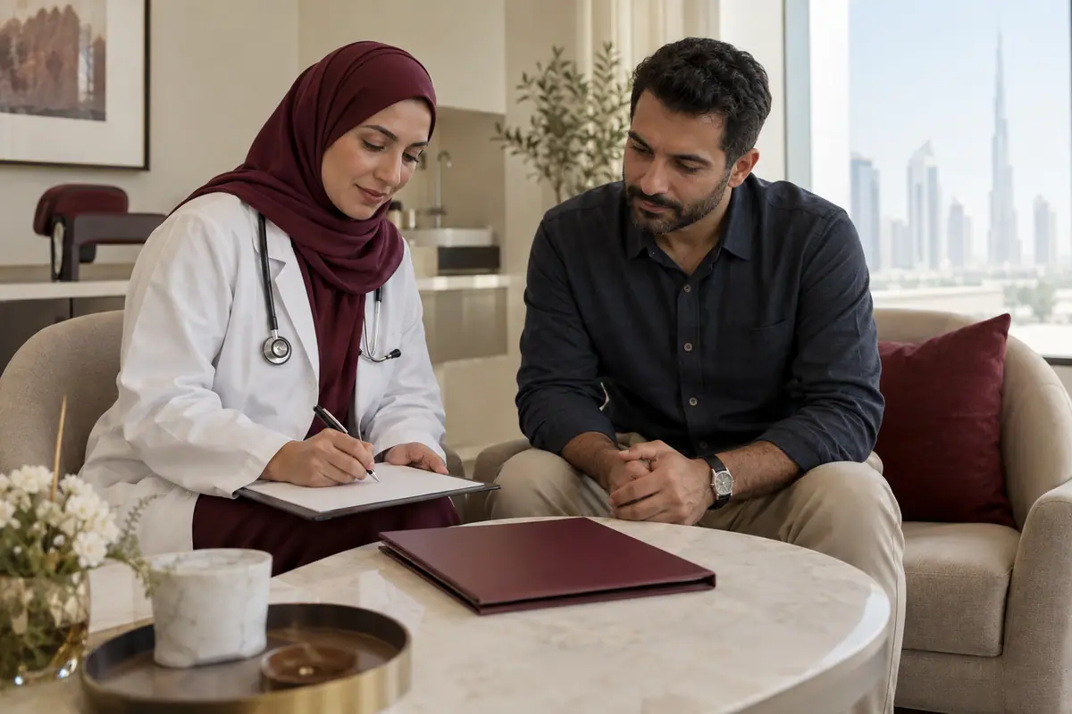 Clinician and adult discussing a written follow-up plan