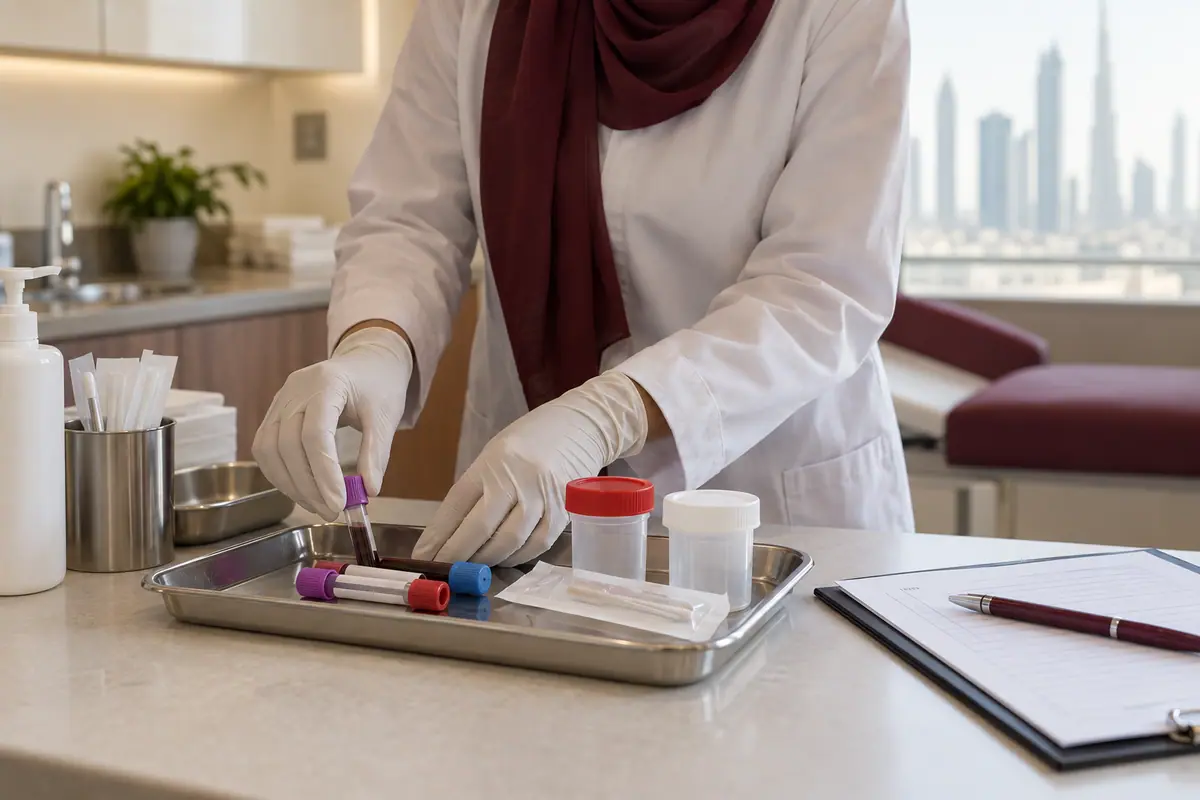 Gloved clinician preparing several types of sample container