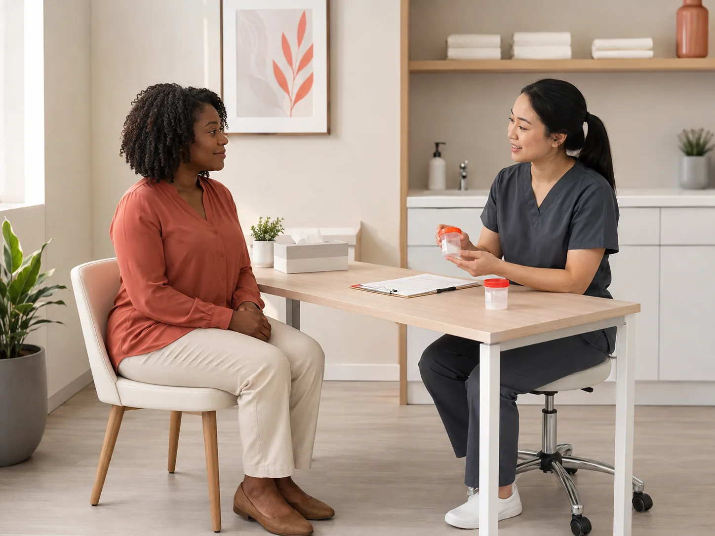 Clinician explaining private sample collection to an adult patient