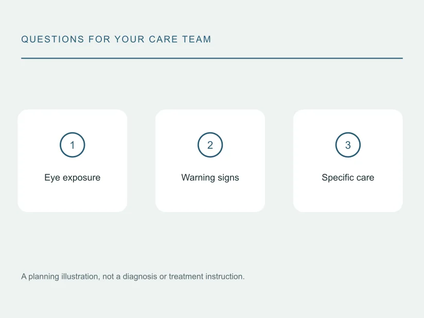 Illustrated question map: Eye exposure, Warning signs, Specific care