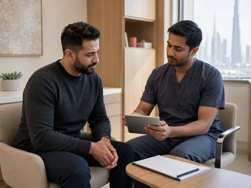 Illustrative patient and healthcare professional reviewing information on a tablet