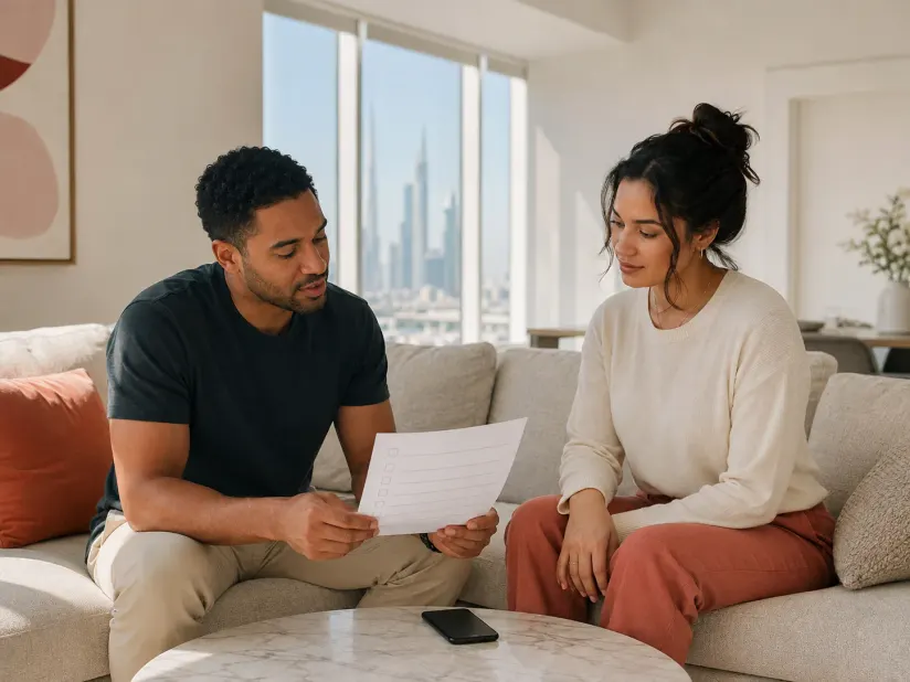 Illustrative couple reviewing a written health plan together